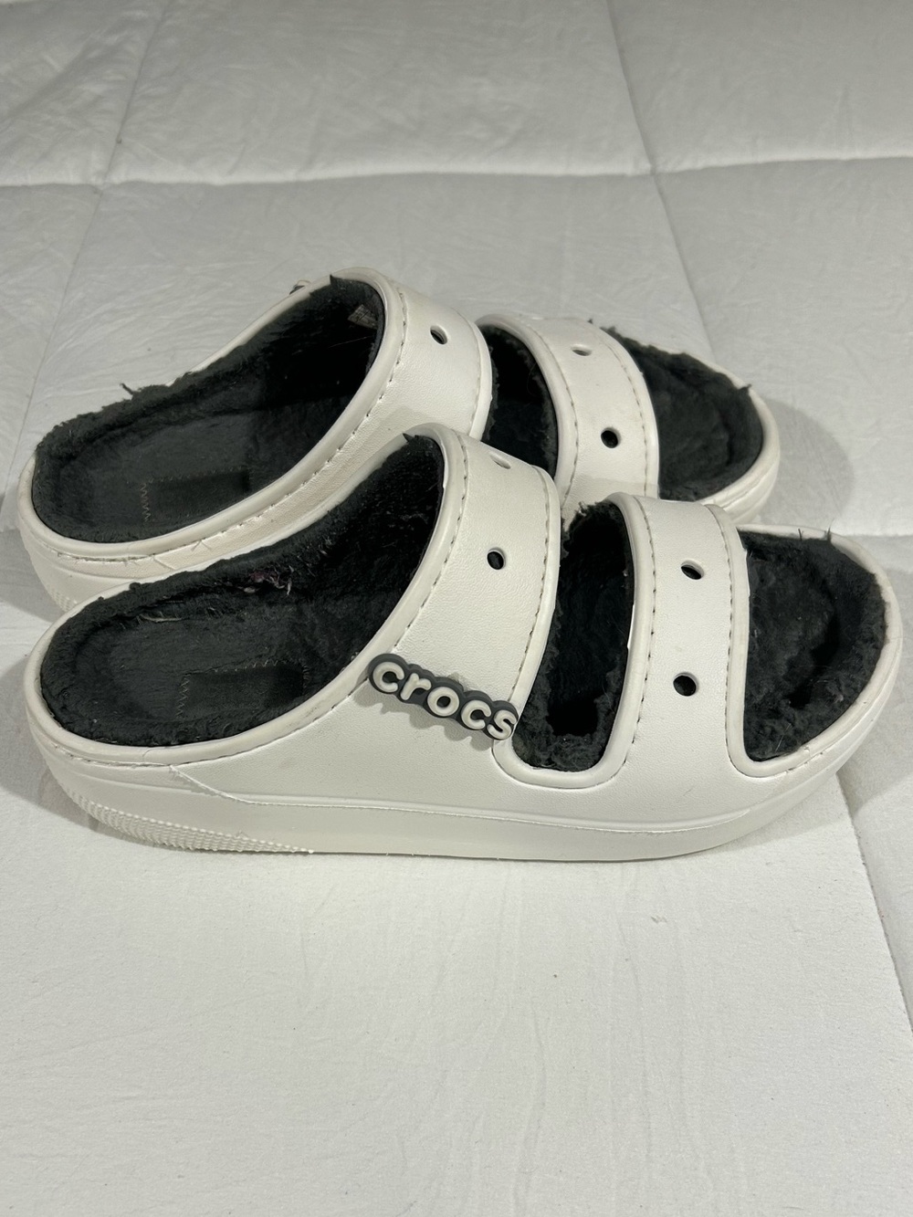 CROCS White Slide Sandals with Gray Fuzzy Lining